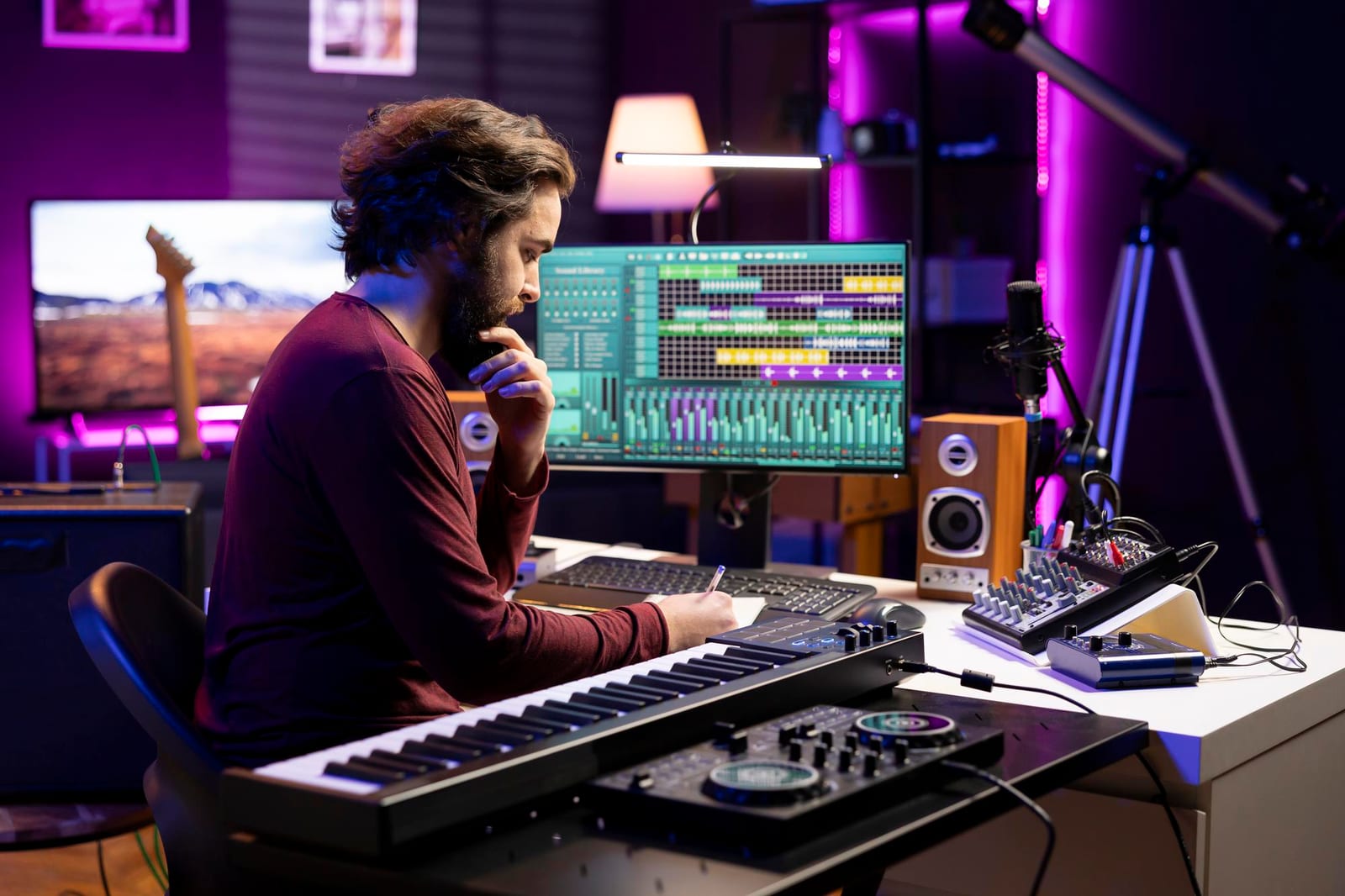 Produtor anota ideias ao lado de teclado controlador e monitor com software de edição em um estúdio caseiro.