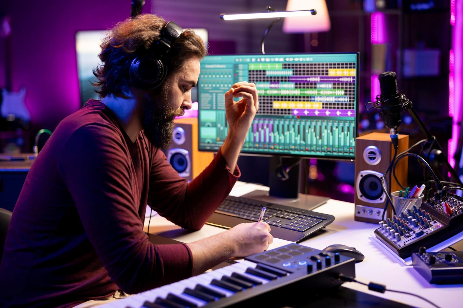 Produtor com fones de ouvido escreve anotações ao lado do teclado controlador e do monitor de edição.